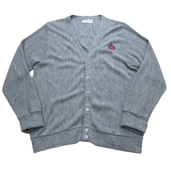 Vintage 80s IZOD Cardigan Sweater Men's Size Large Gray Grandpa Made in USA - Picture 1 of 13